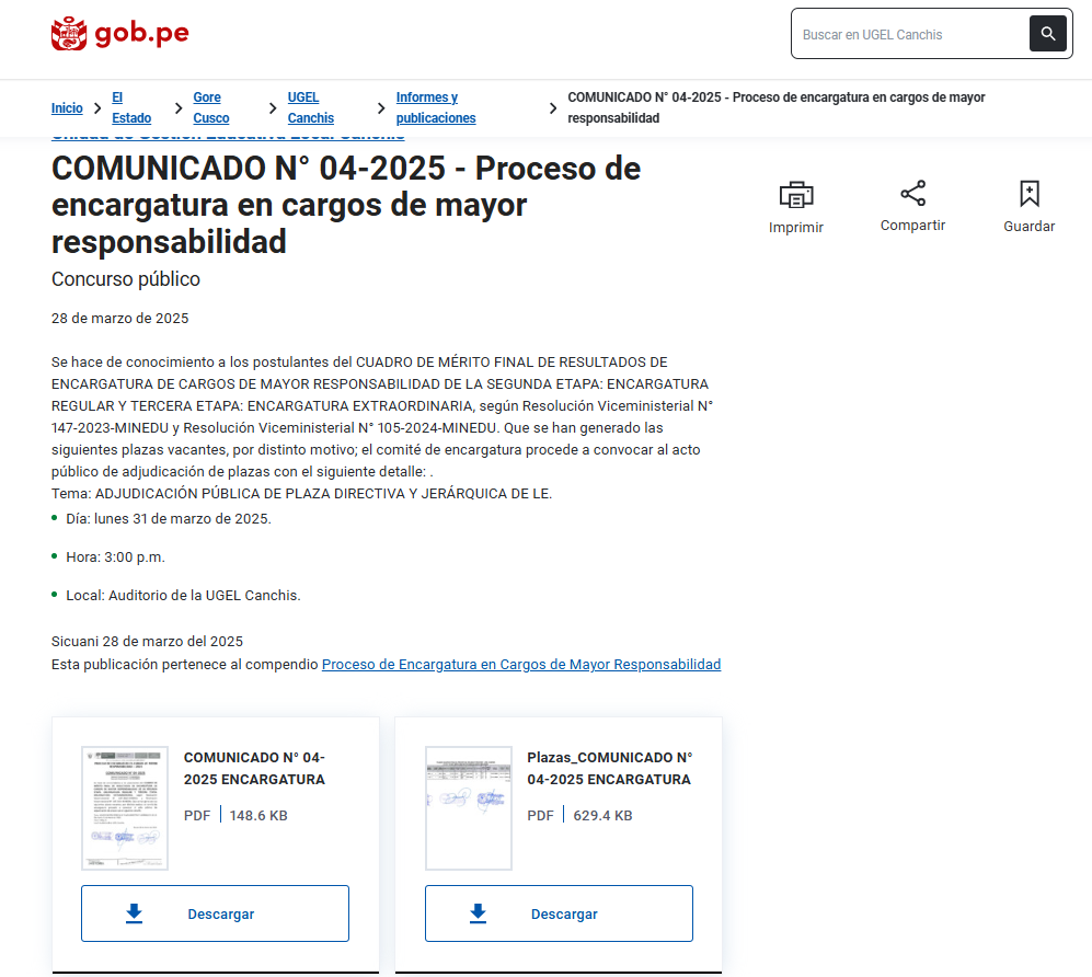 COMUNICADO N° 04-2025 - Proceso de encargatura en cargos de mayor responsabilidad